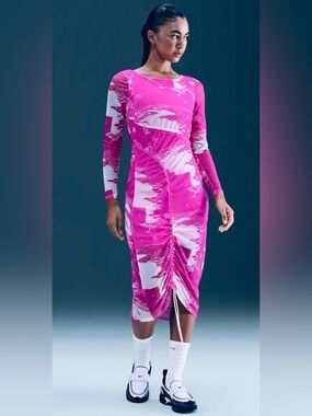 Nike Pink Marble Ruched Long-Sleeve Midi Dress